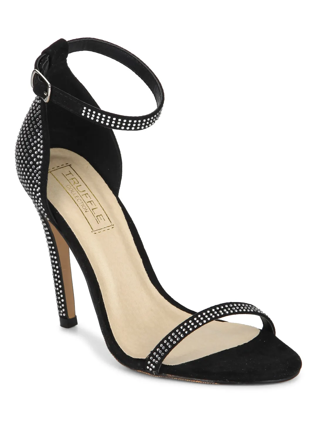 Black Mircrofibre Diamante Ankle Strap Stiletto Heels