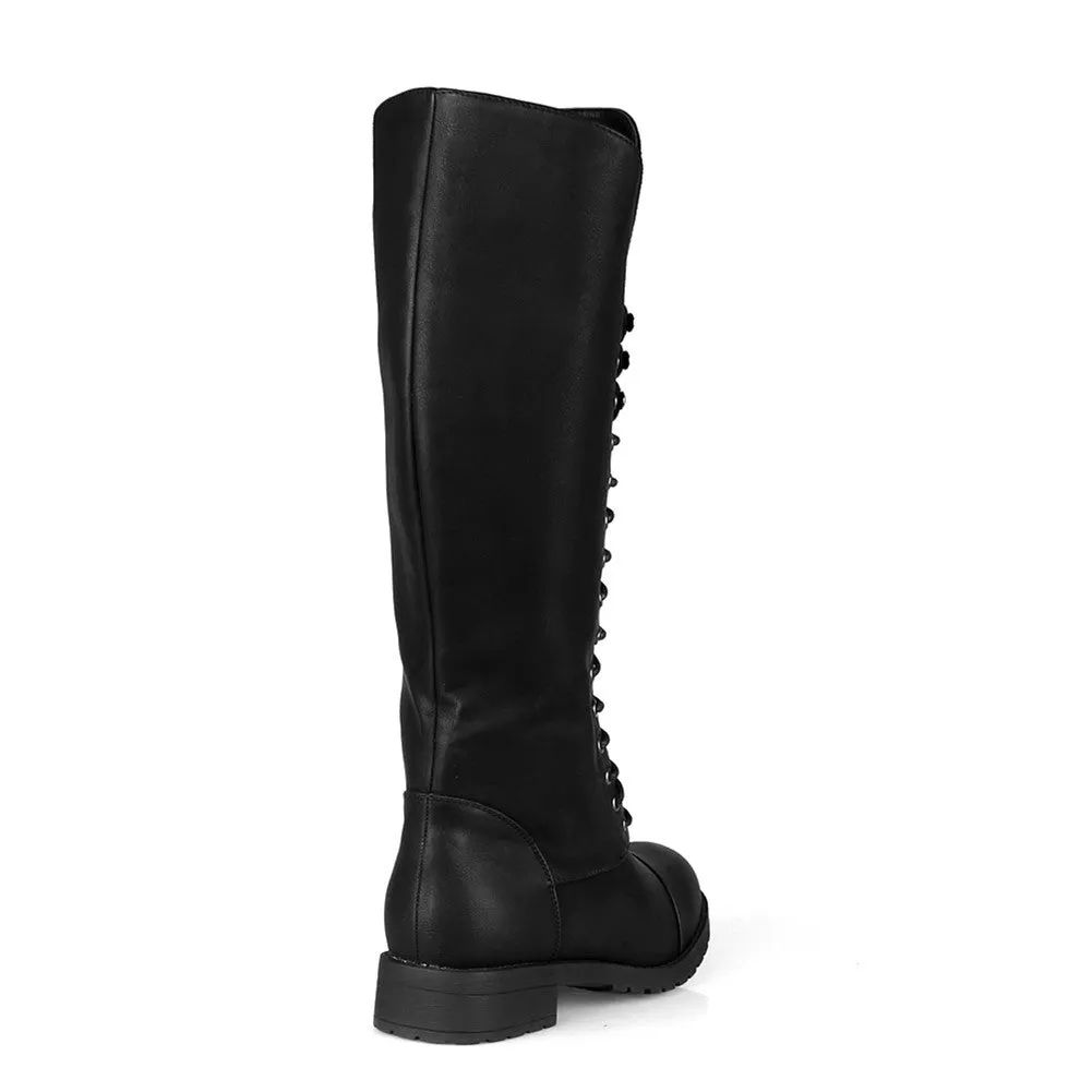 Black Vegan Leather Toe Cap Lace-Up Knee High Women's Riding Boots