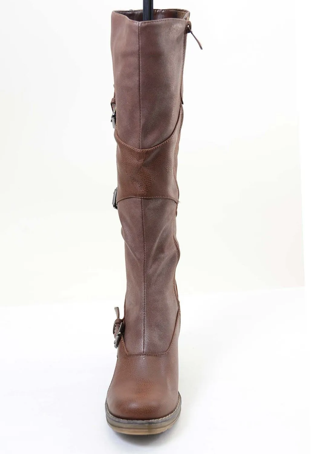 Brown Strappy Buckle Riding Women's Vegan Knee Chunky Heel Boots