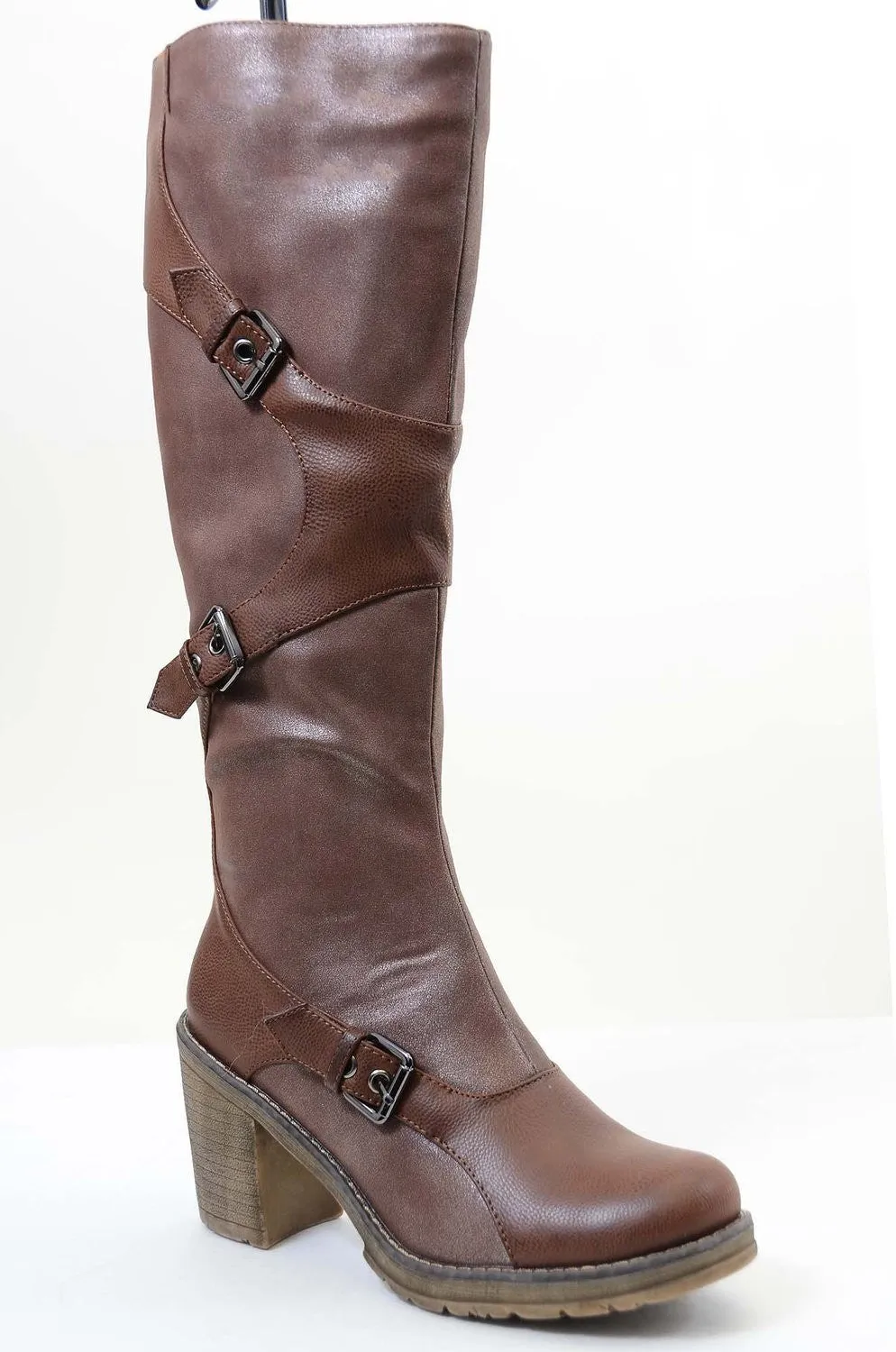 Brown Strappy Buckle Riding Women's Vegan Knee Chunky Heel Boots