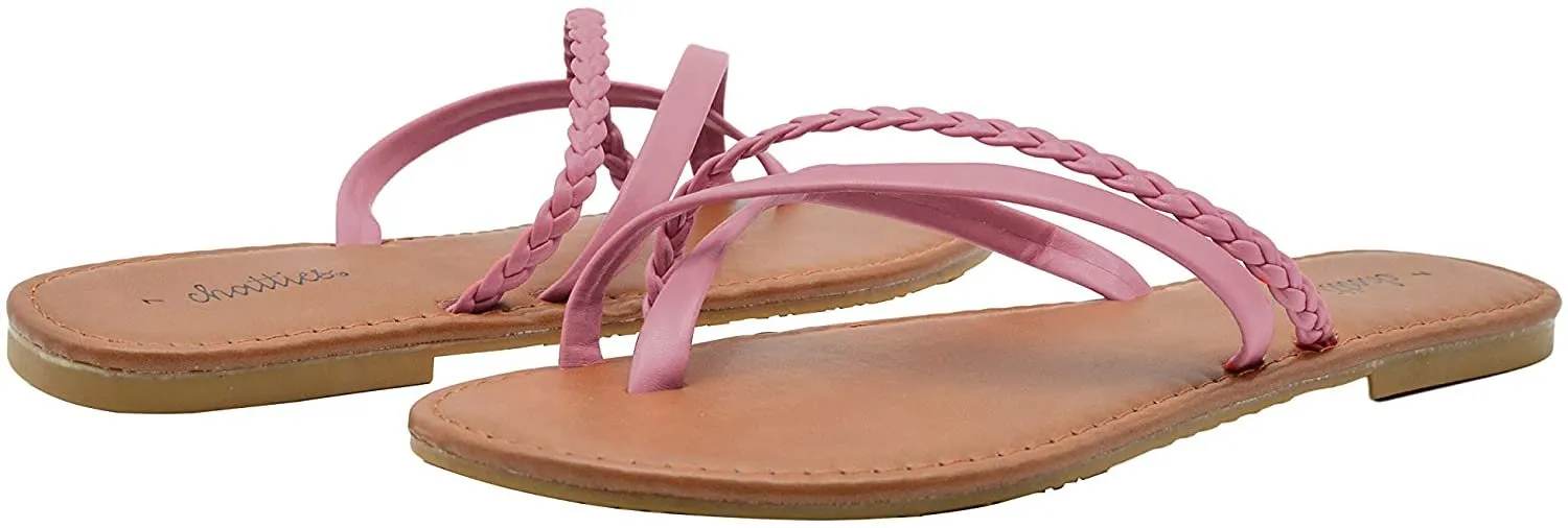 Chatties Ladies Fashion Sandals Smooth Pu Thong Slip On Flats with Braid Detail