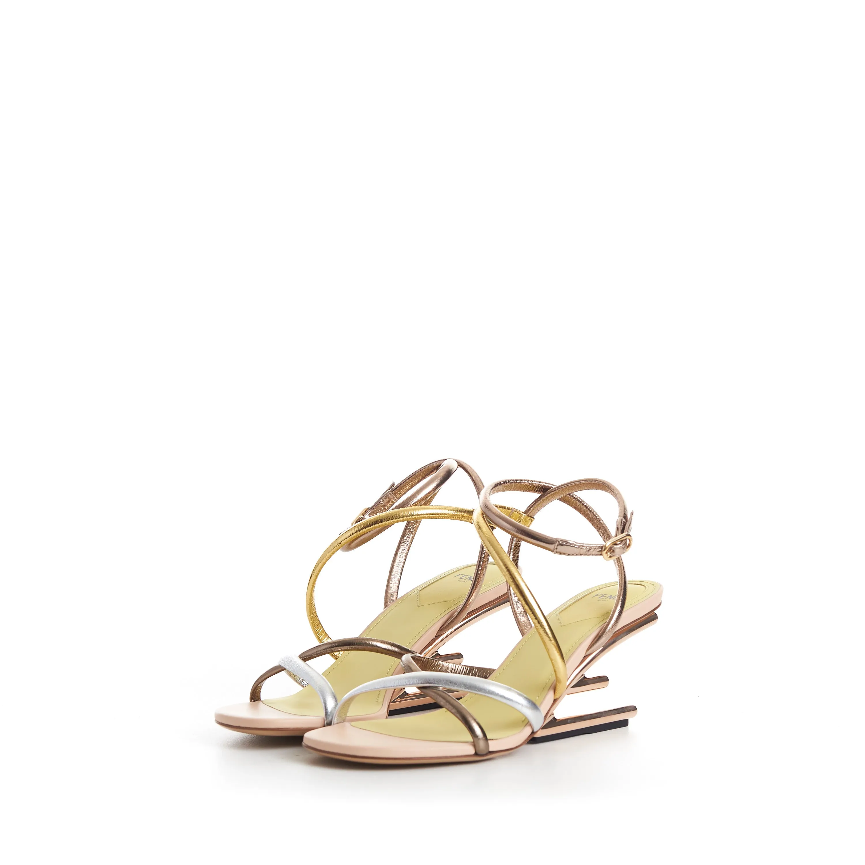 FIRST Medium Heel Sandals - Silver Gold Bronze Nappa Leather, F Shape Heel