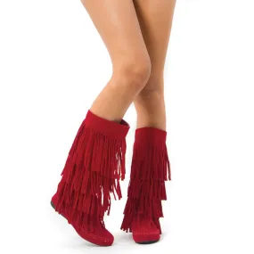 Fringe 4 Layer Moccasin Knee High Mid Calf Tall Vegan Boot