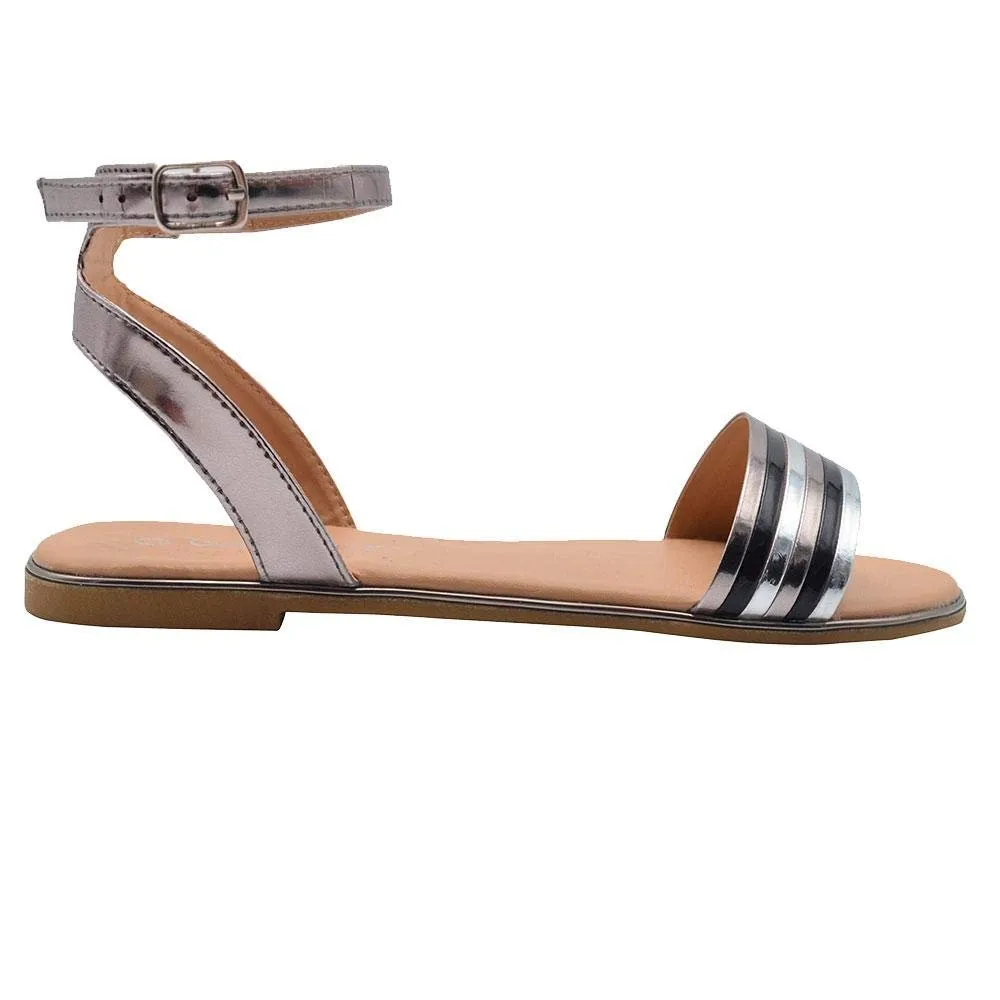 Gold Toe Ladies Fashion Sandals Metallic Ankle Strap Flats