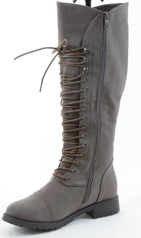 Grey Vegan Leather Toe Cap Lace-Up Knee High Women's Riding Boots