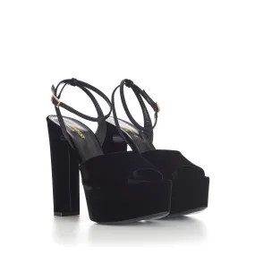 JODIE Black Platform Sandals - Velvet, Peep-Toe, Strass Buckle