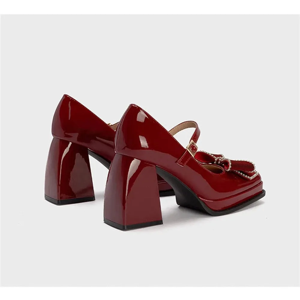 Merendy Iroquois Round toe toe platforms Chunky high heeled Burgundy Mary jane Pumps