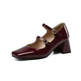 Merendy Tuareg Block High heeled Square toe Platform Burgundy Mary Jane Pumps