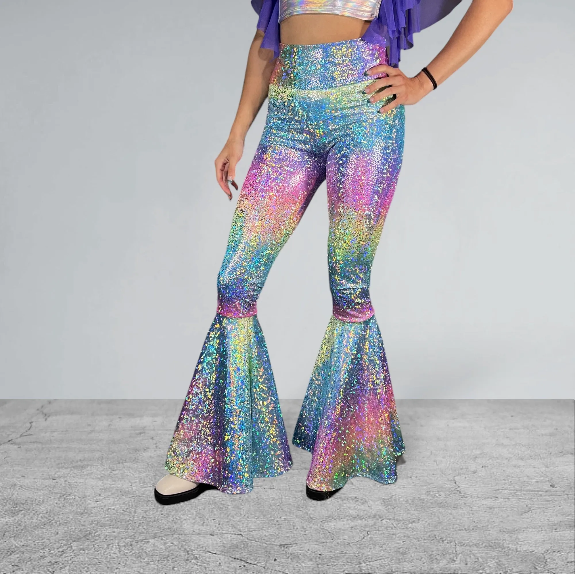 Rainbow Bell Bottoms | Pastel Avatar Ombre Flare Pants High-Waisted - Rave, Festival, EDM, Disco