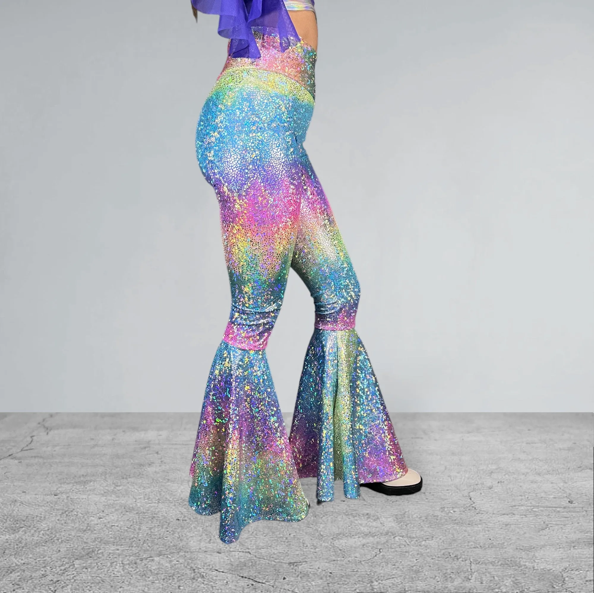 Rainbow Bell Bottoms | Pastel Avatar Ombre Flare Pants High-Waisted - Rave, Festival, EDM, Disco